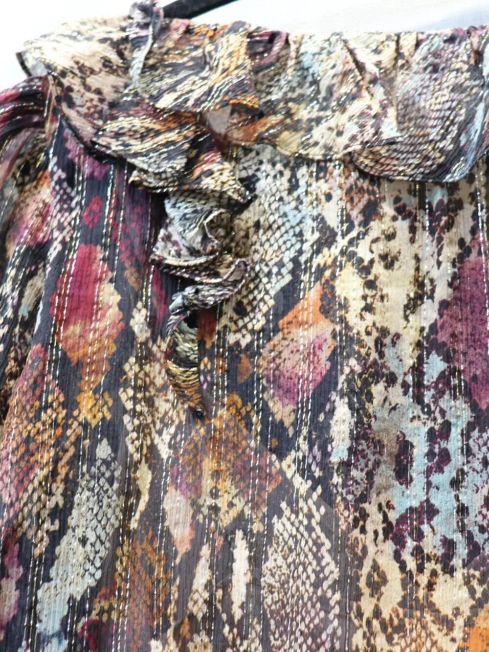NWT Rebecca Taylor XL SILK Blouse Watercolor Snake Print Gold Metallic Ruffle
